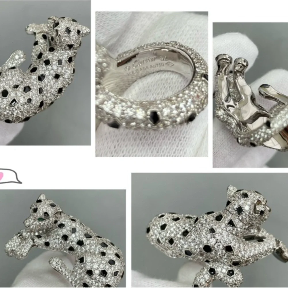Paved Crystal Leopard Dog Ring in Silver Tone